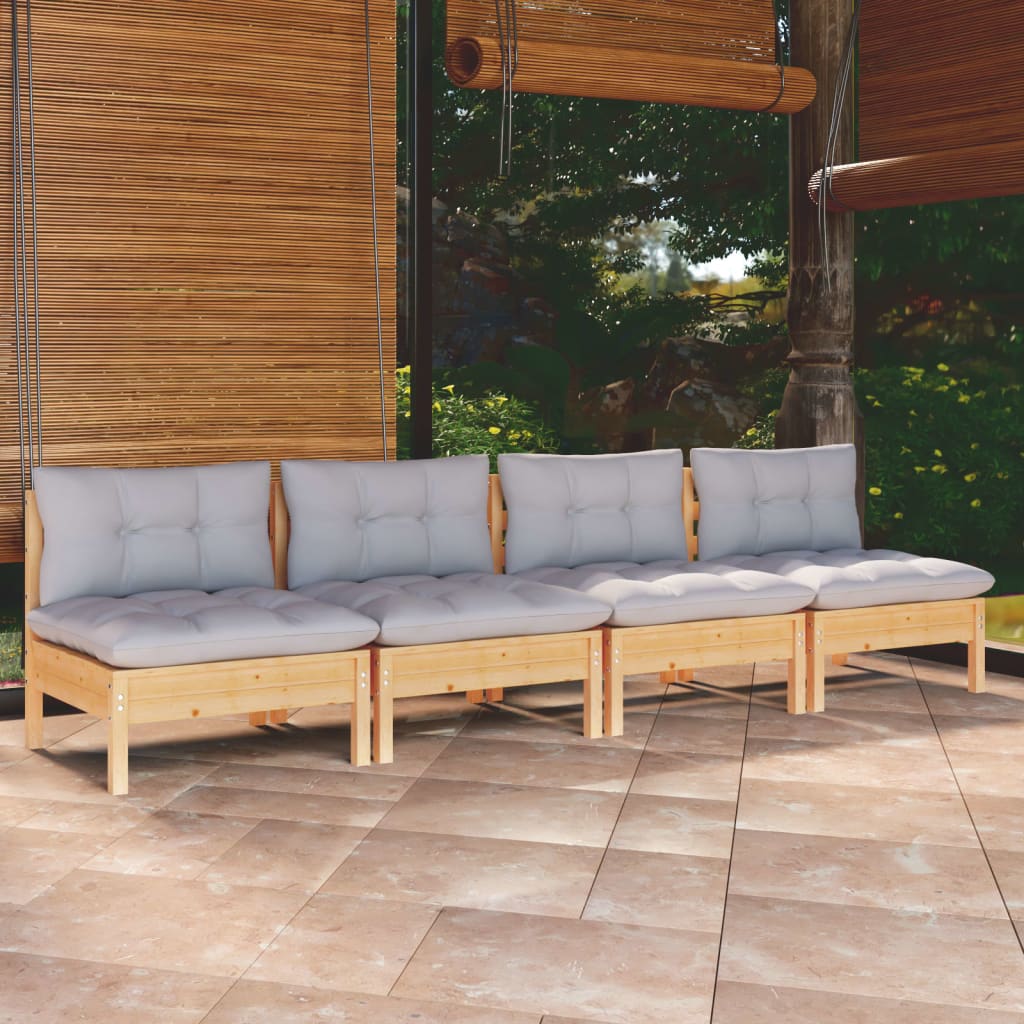 4-seater garden sofa with grey cushions solid pine wood