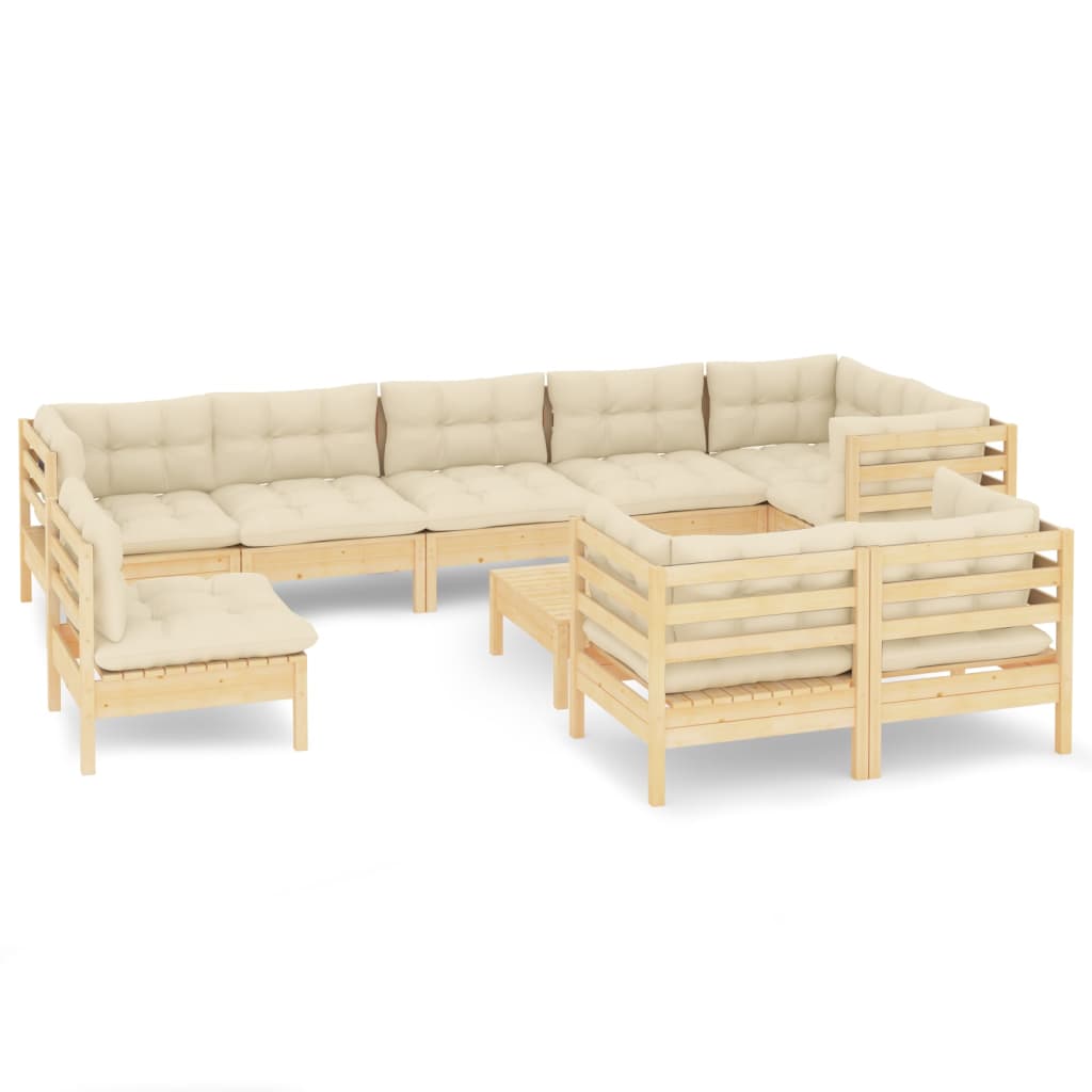 Salon de jardin 10 pièces avec coussins crème, bois de pin massif
