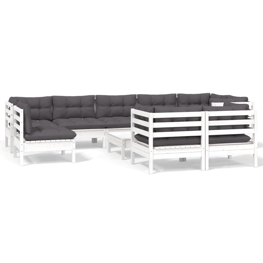 Salon de jardin 10 pièces avec coussins, en pin blanc massif