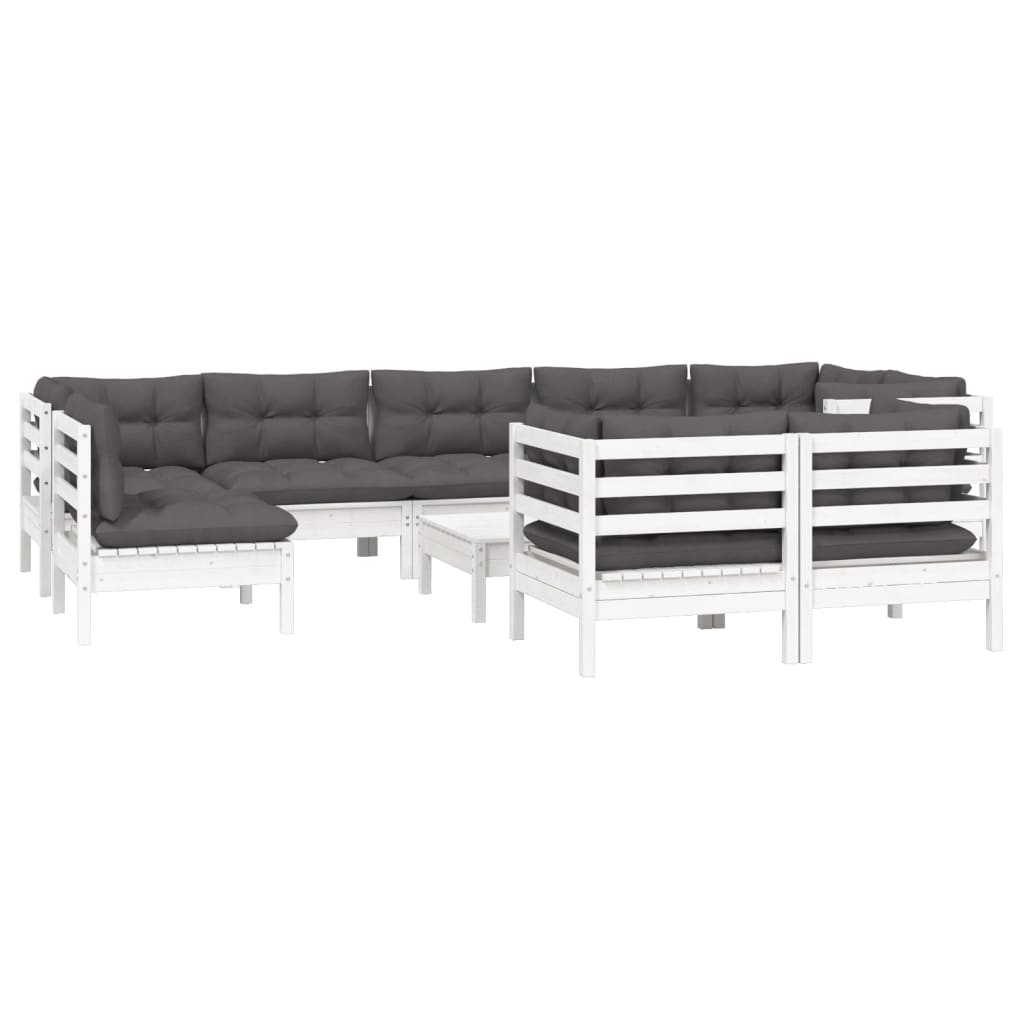 Salon de jardin 10 pièces avec coussins, en pin blanc massif