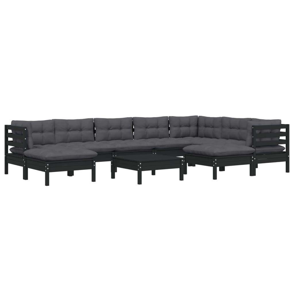 Salon de jardin 10 pièces avec coussins, en pin massif noir