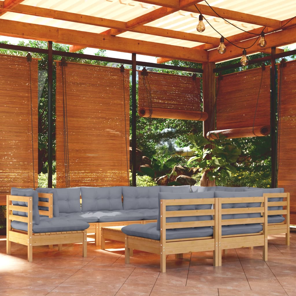 Salon de jardin 10 pièces avec coussins gris, bois de pin massif