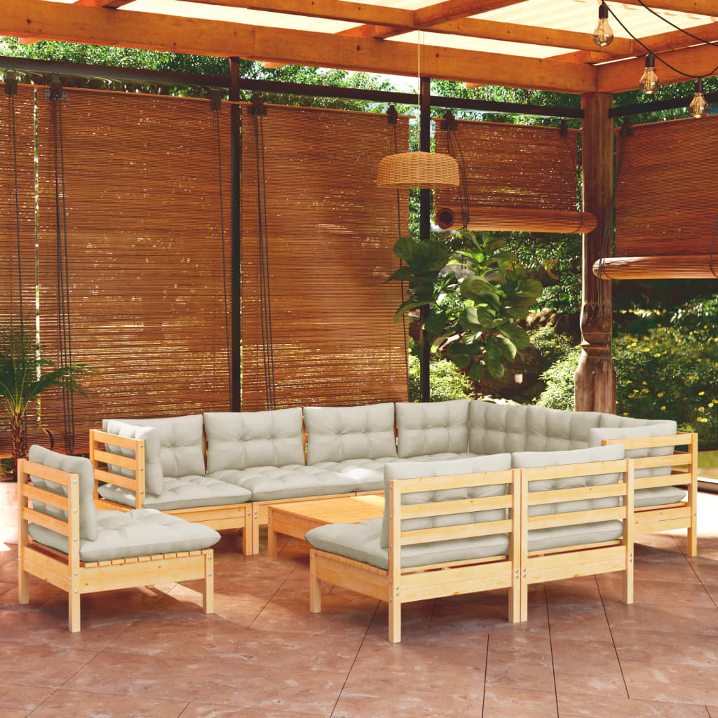 Salon de jardin 10 pièces avec coussins crème, bois de pin massif