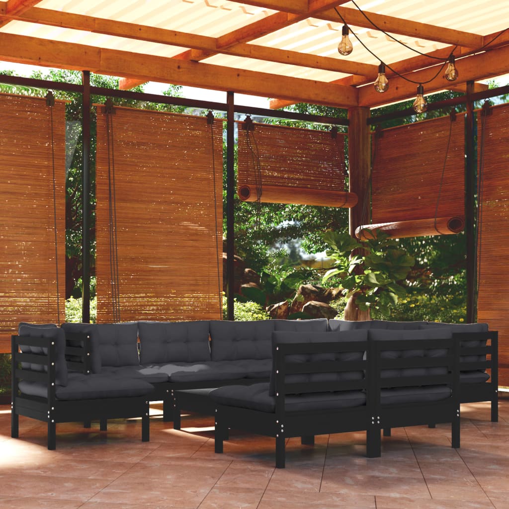 Salon de jardin 10 pièces avec coussins, noir, bois de pin massif