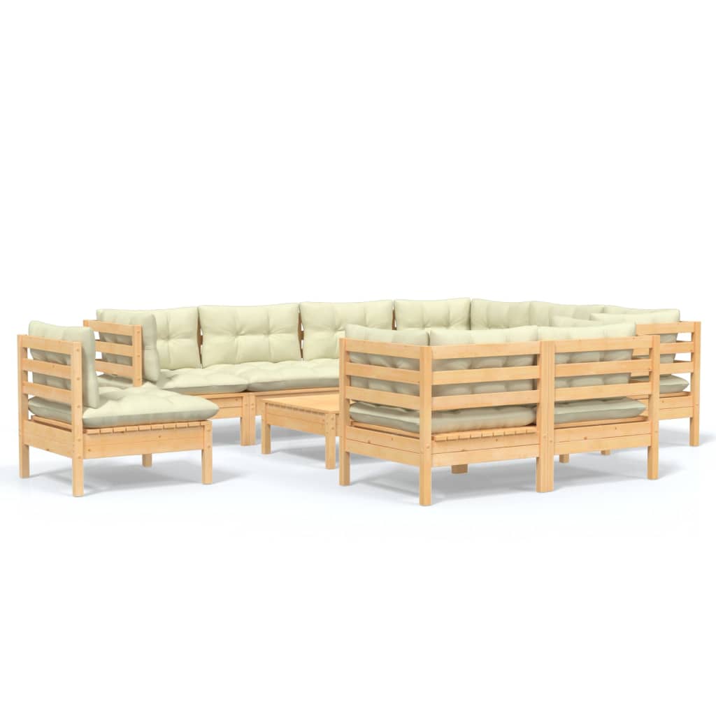 Salon de jardin 10 pièces avec coussins crème, bois de pin massif
