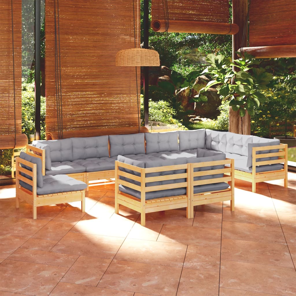 Salon de jardin 10 pièces avec coussins gris, bois de pin massif
