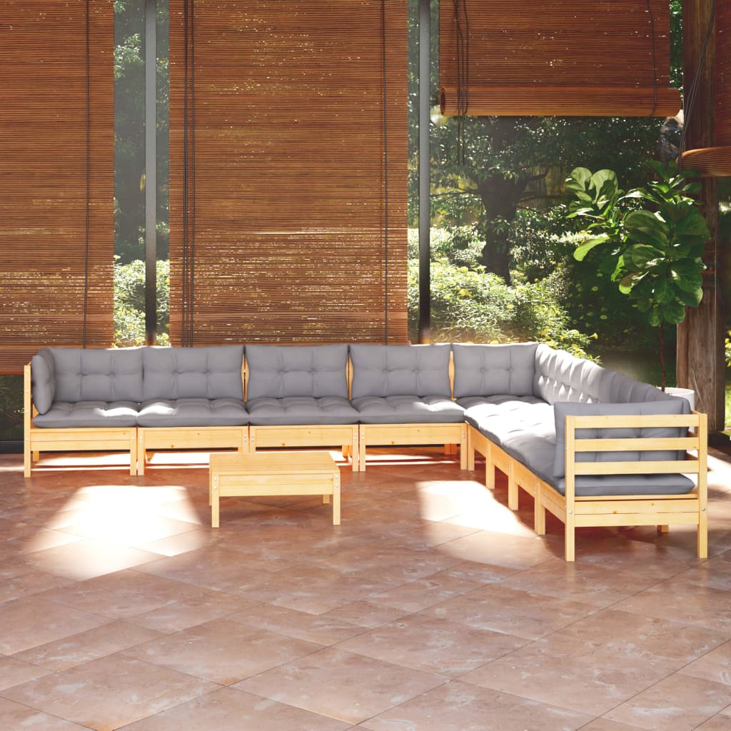 Salon de jardin 10 pièces avec coussins gris, bois de pin massif