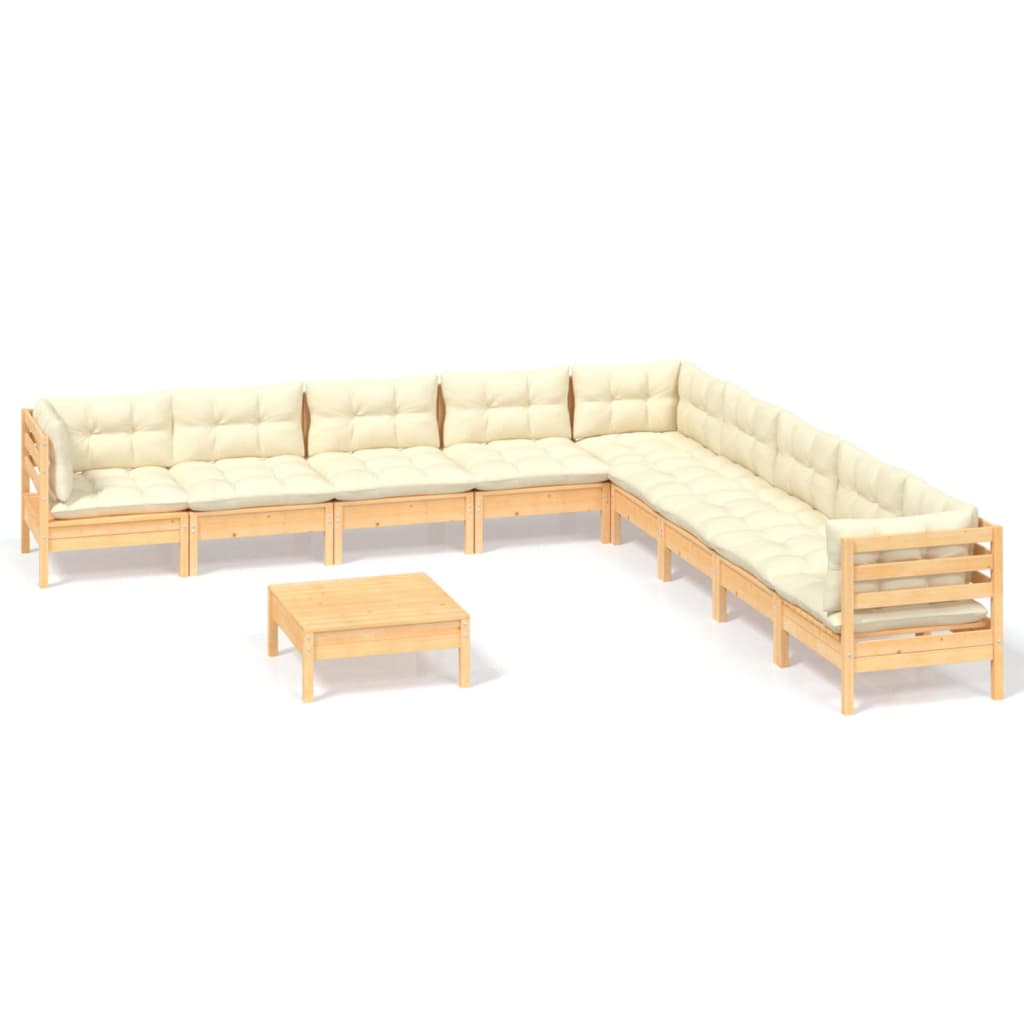Salon de jardin 10 pièces avec coussins crème, bois de pin massif