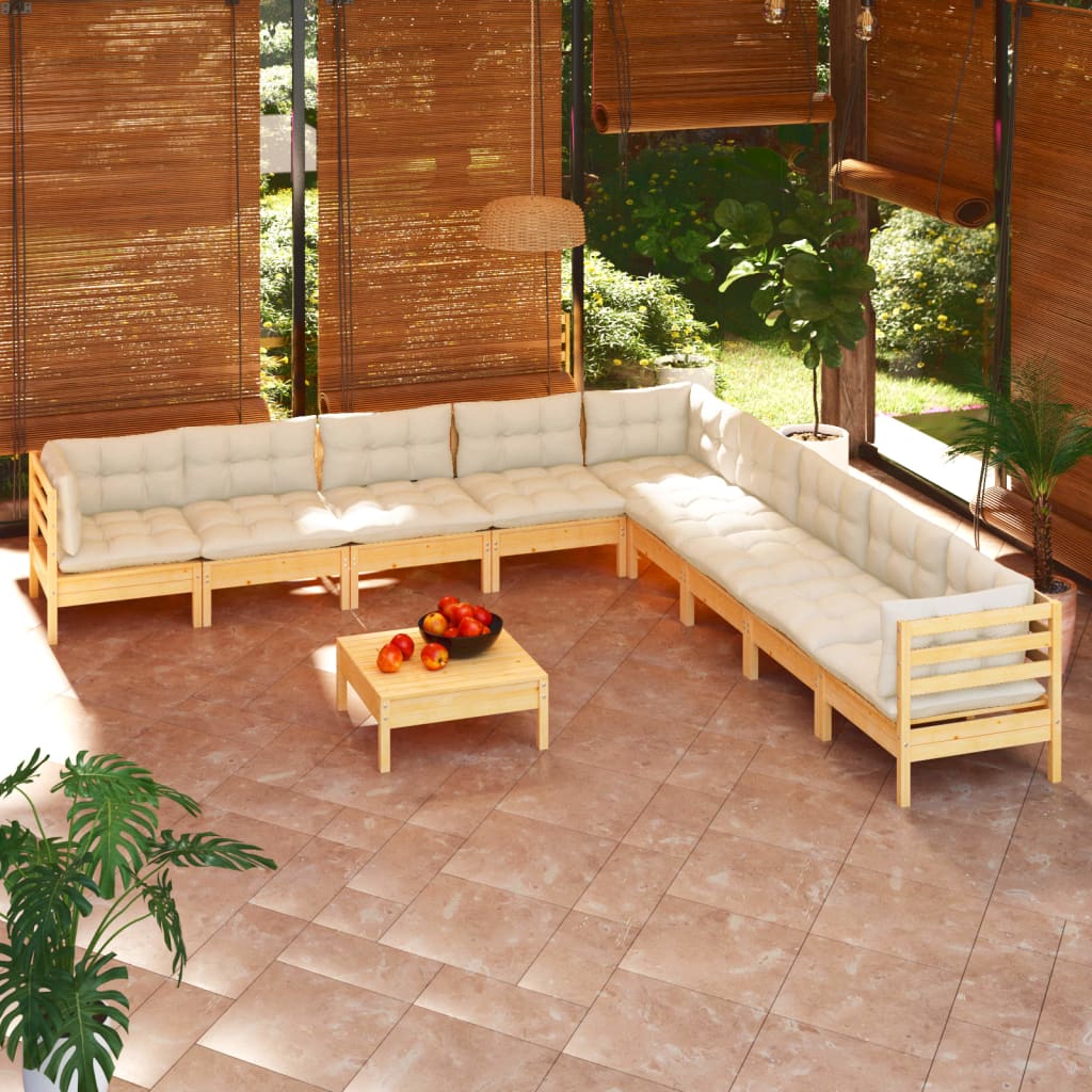 Salon de jardin 10 pièces avec coussins crème, bois de pin massif