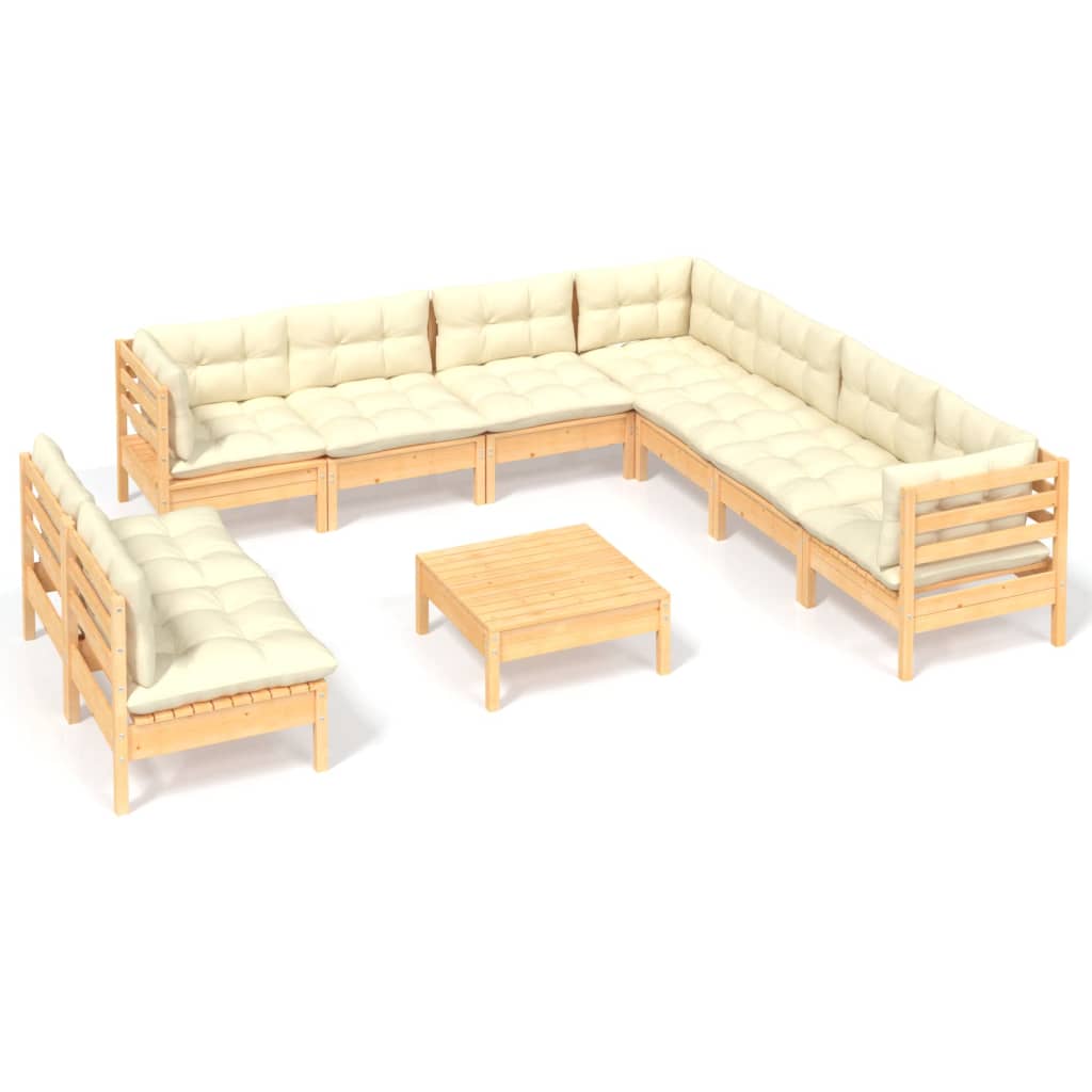 Salon de jardin 10 pièces avec coussins crème, bois de pin massif