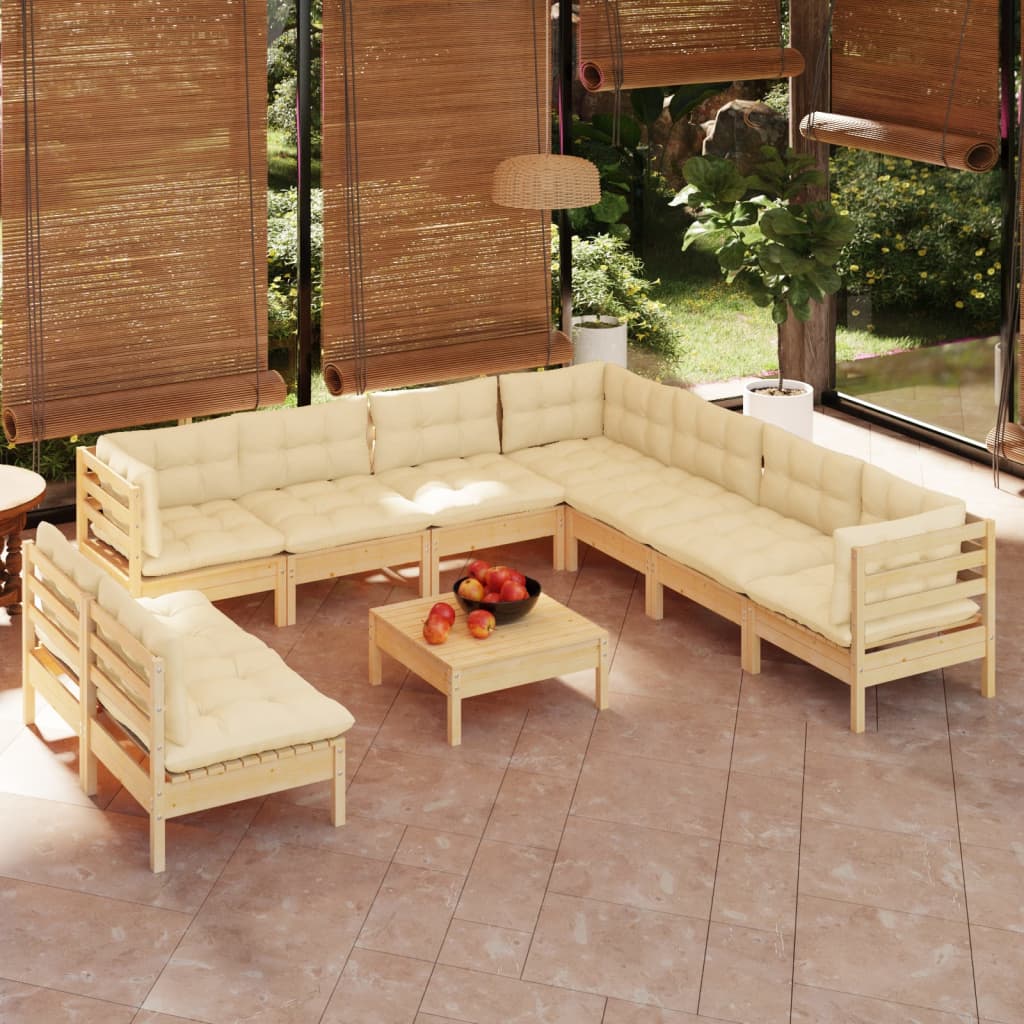 Salon de jardin 10 pièces avec coussins crème, bois de pin massif