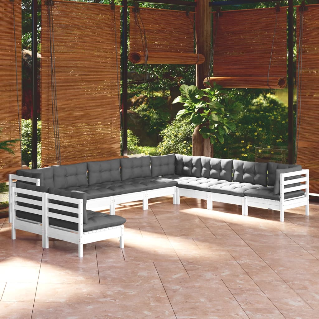 Salon de jardin 10 pièces avec coussins, blanc, bois de pin massif