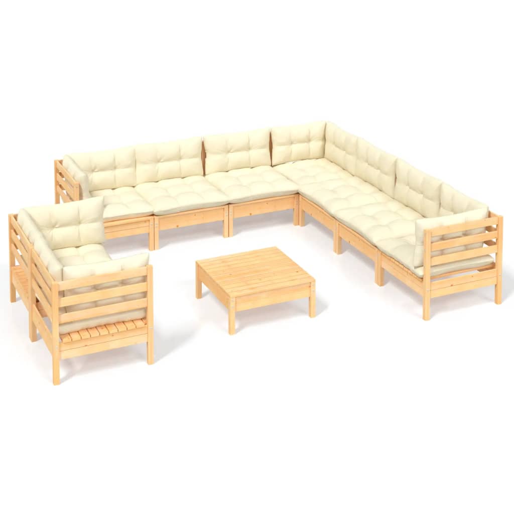 Salon de jardin 10 pièces avec coussins crème, bois de pin massif