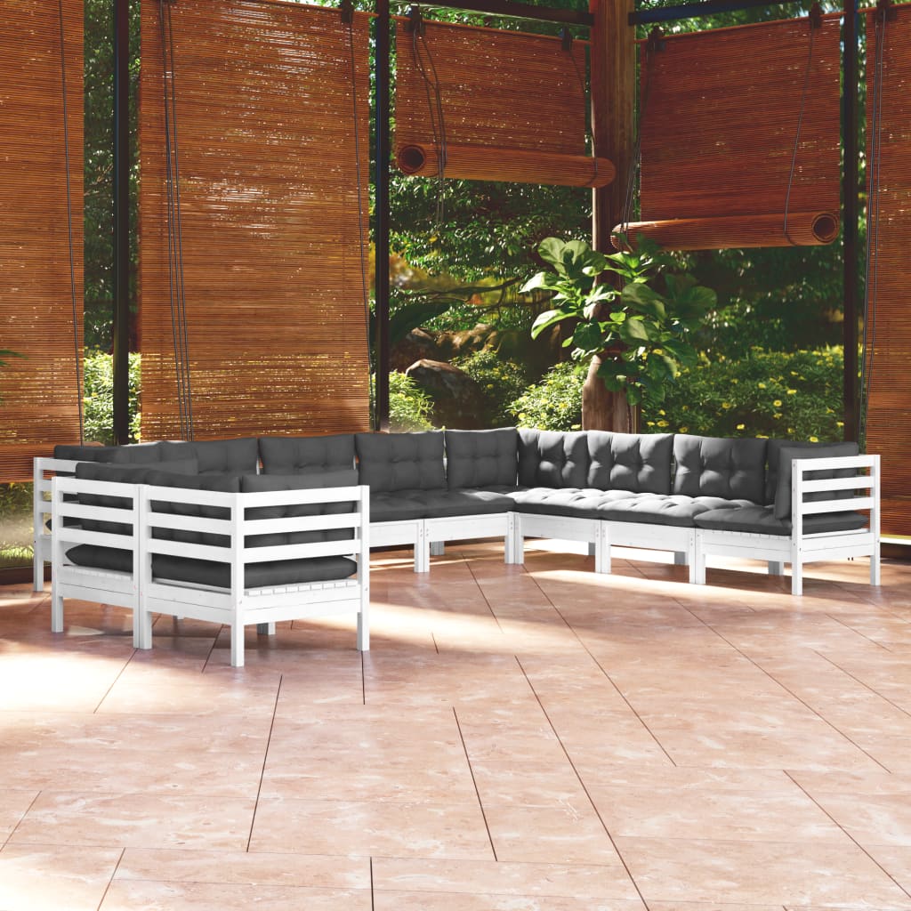 Salon de jardin 10 pièces avec coussins, blanc, bois de pin massif