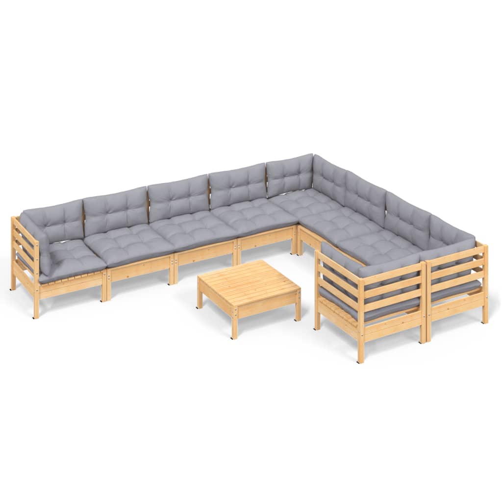 Salon de jardin 10 pièces avec coussins gris en pin