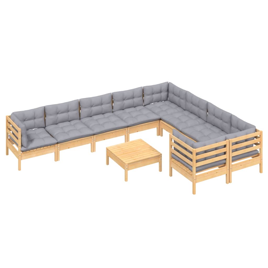 Salon de jardin 10 pièces avec coussins gris en pin