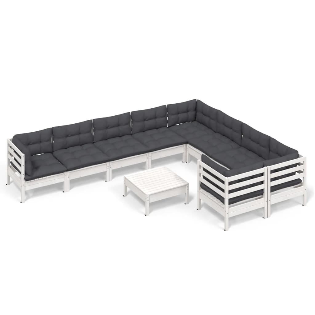 Salon de jardin 10 pièces avec coussins, en pin blanc