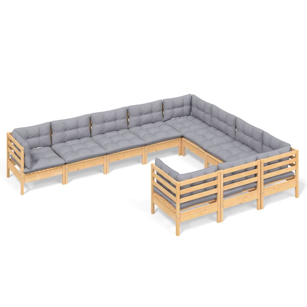 Salon de jardin 10 pièces avec coussins gris en pin