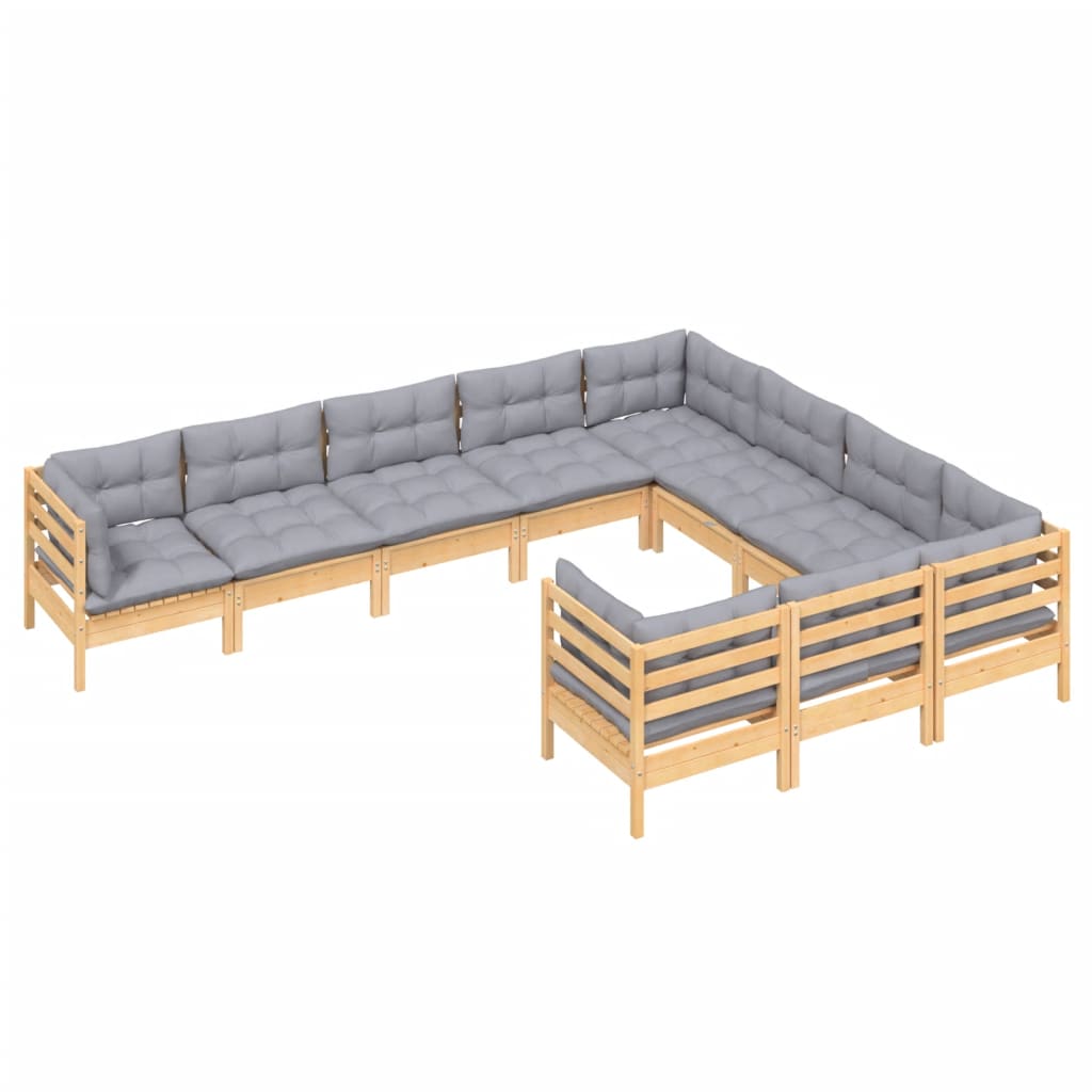 Salon de jardin 10 pièces avec coussins gris en pin