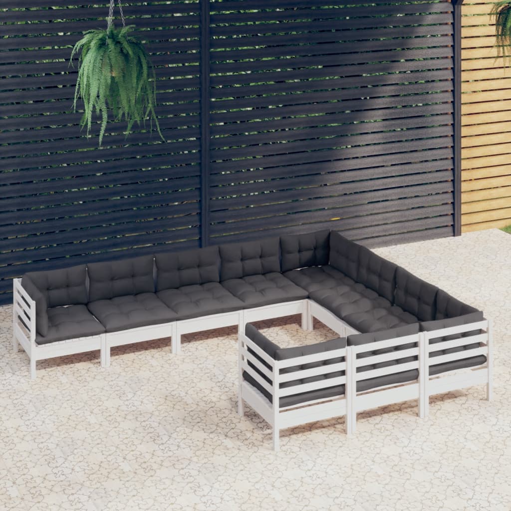 Salon de jardin 10 pièces avec coussins, en pin blanc