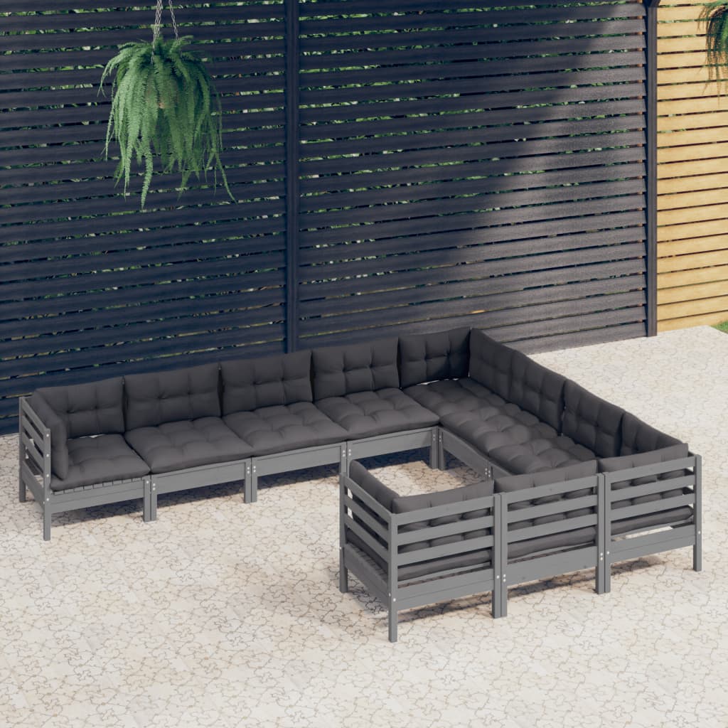 Salon de jardin 10 pièces avec coussins, pin gris