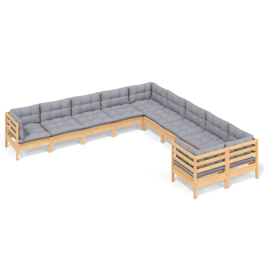 Salon de jardin 10 pièces avec coussins gris en pin