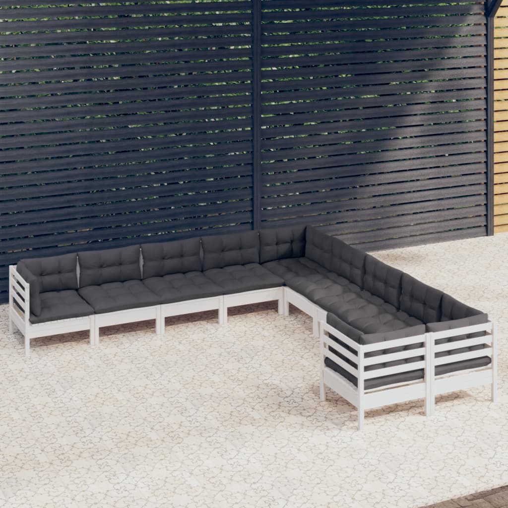 Salon de jardin 10 pièces avec coussins, en pin blanc