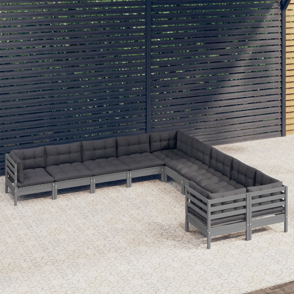 Salon de jardin 10 pièces avec coussins, pin gris