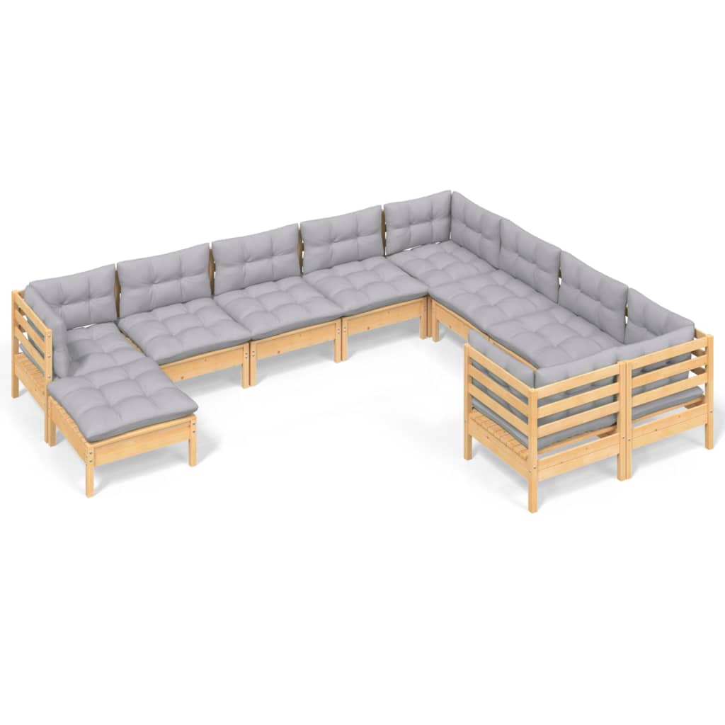 Salon de jardin 10 pièces avec coussins gris en pin