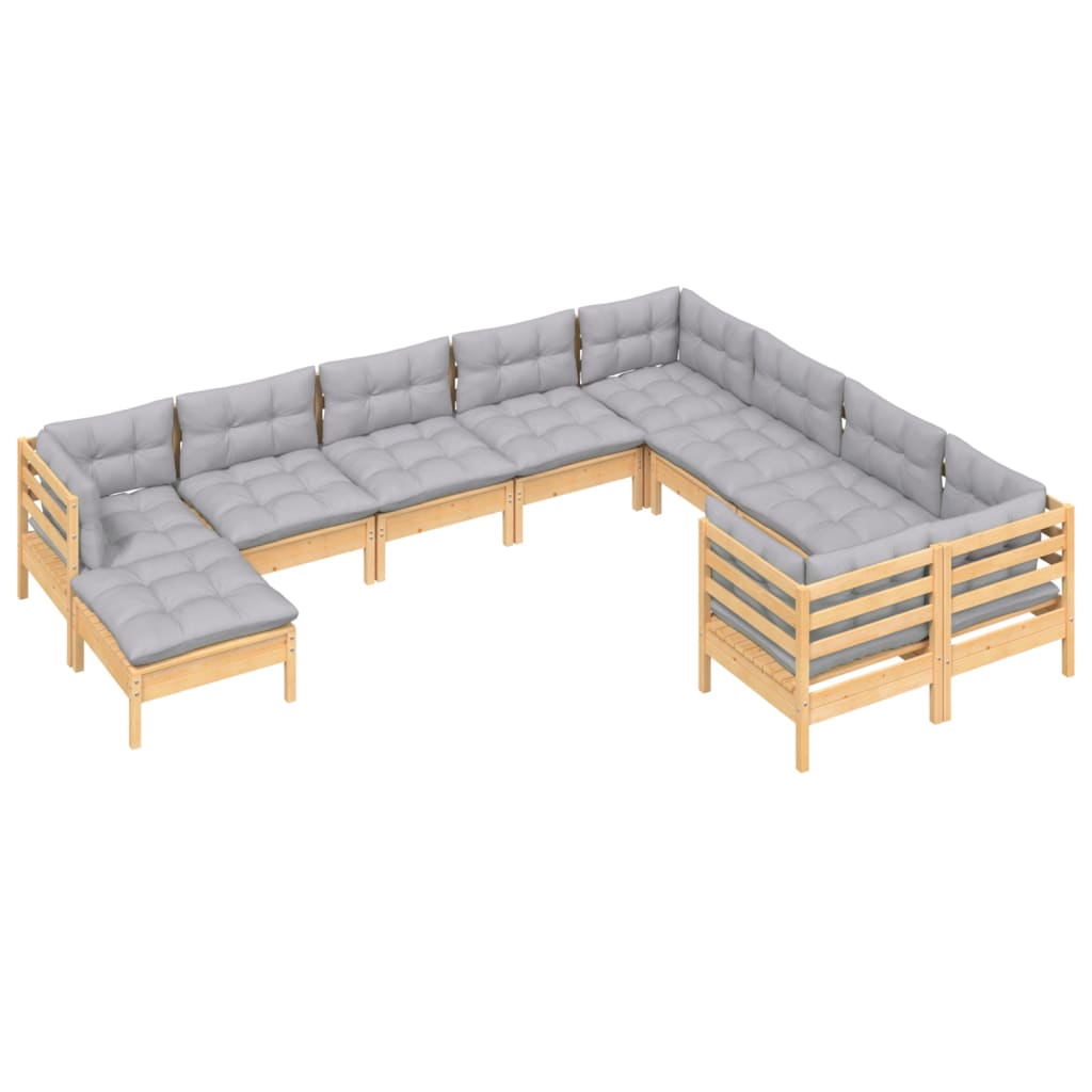 Salon de jardin 10 pièces avec coussins gris en pin
