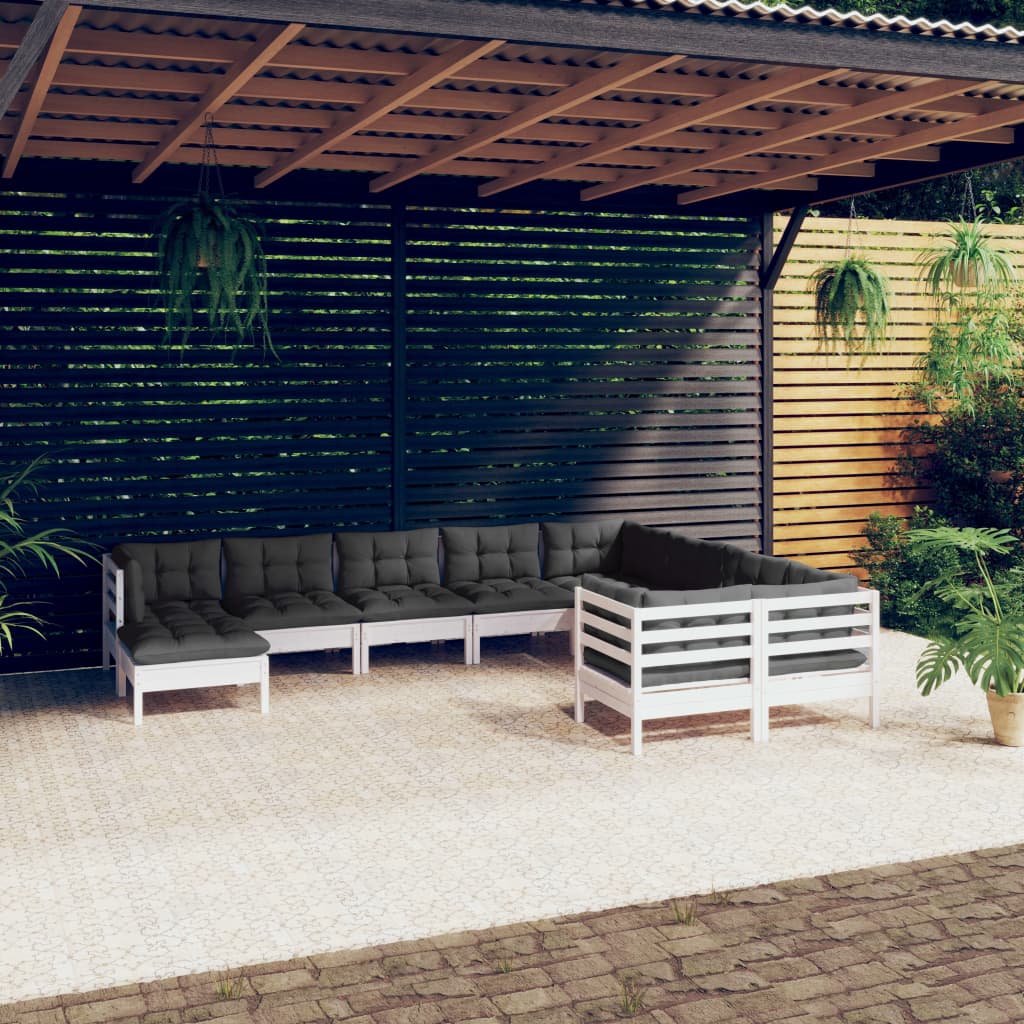 Salon de jardin 10 pièces avec coussins, en pin blanc