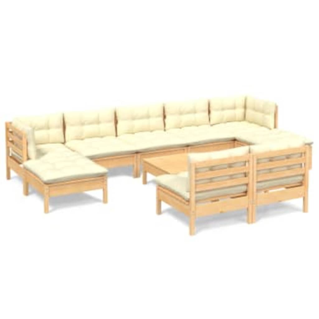 Salon de jardin 10 pièces avec coussins crème, bois de pin