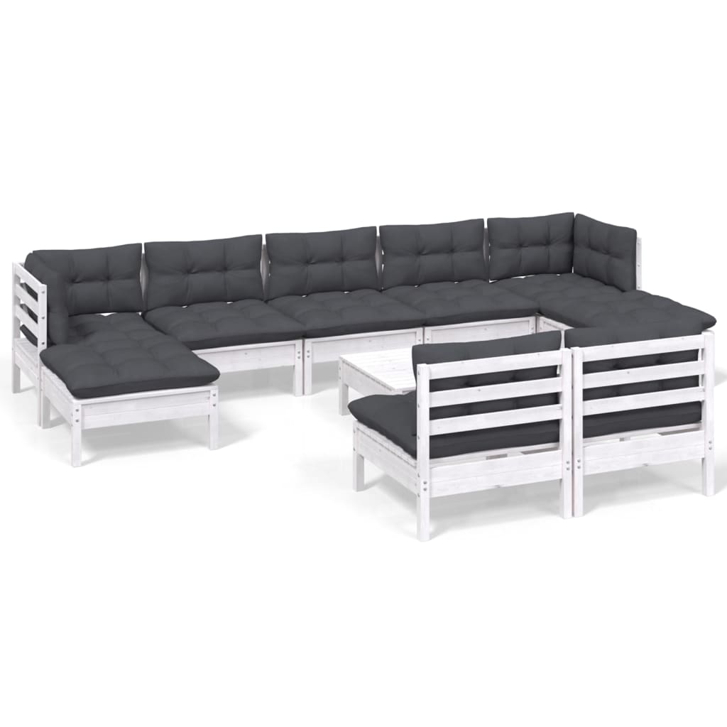 Salon de jardin 10 pièces avec coussins, en pin blanc