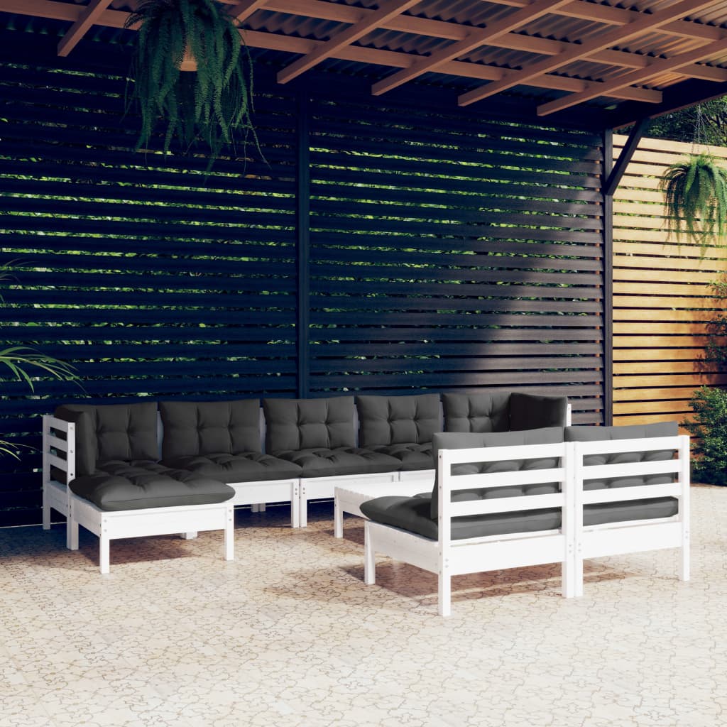 Salon de jardin 10 pièces avec coussins, en pin blanc