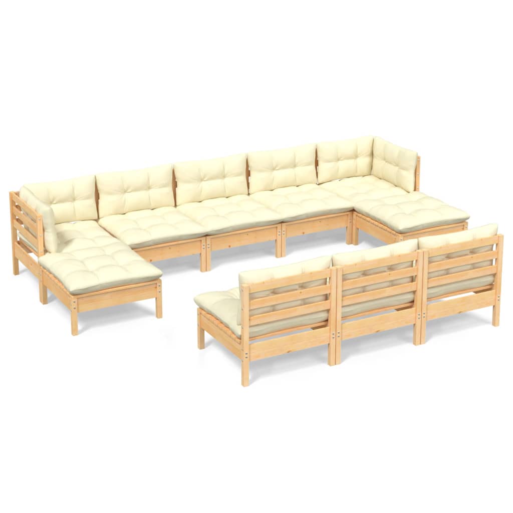 Salon de jardin 10 pièces avec coussins crème, bois de pin