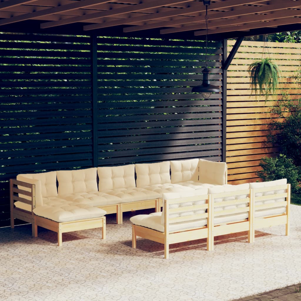 Salon de jardin 10 pièces avec coussins crème, bois de pin
