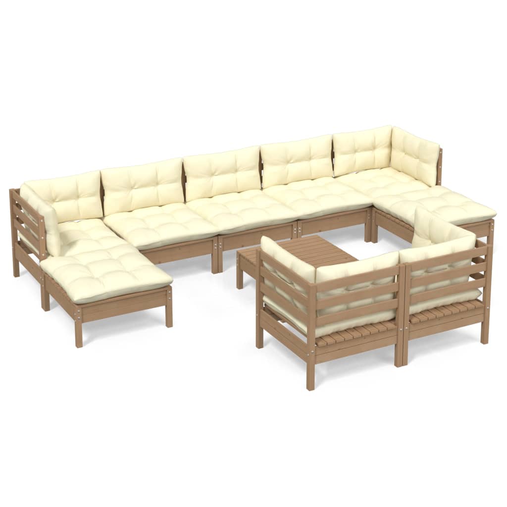 Salon de jardin 10 pièces avec coussins, en pin brun miel