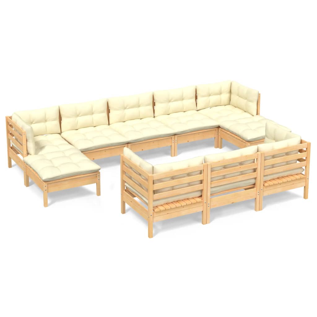Salon de jardin 10 pièces avec coussins crème, bois de pin massif