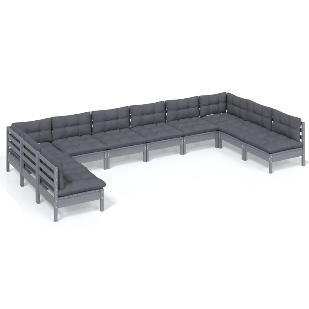 Salon de jardin 10 pièces avec coussins, en pin massif gris