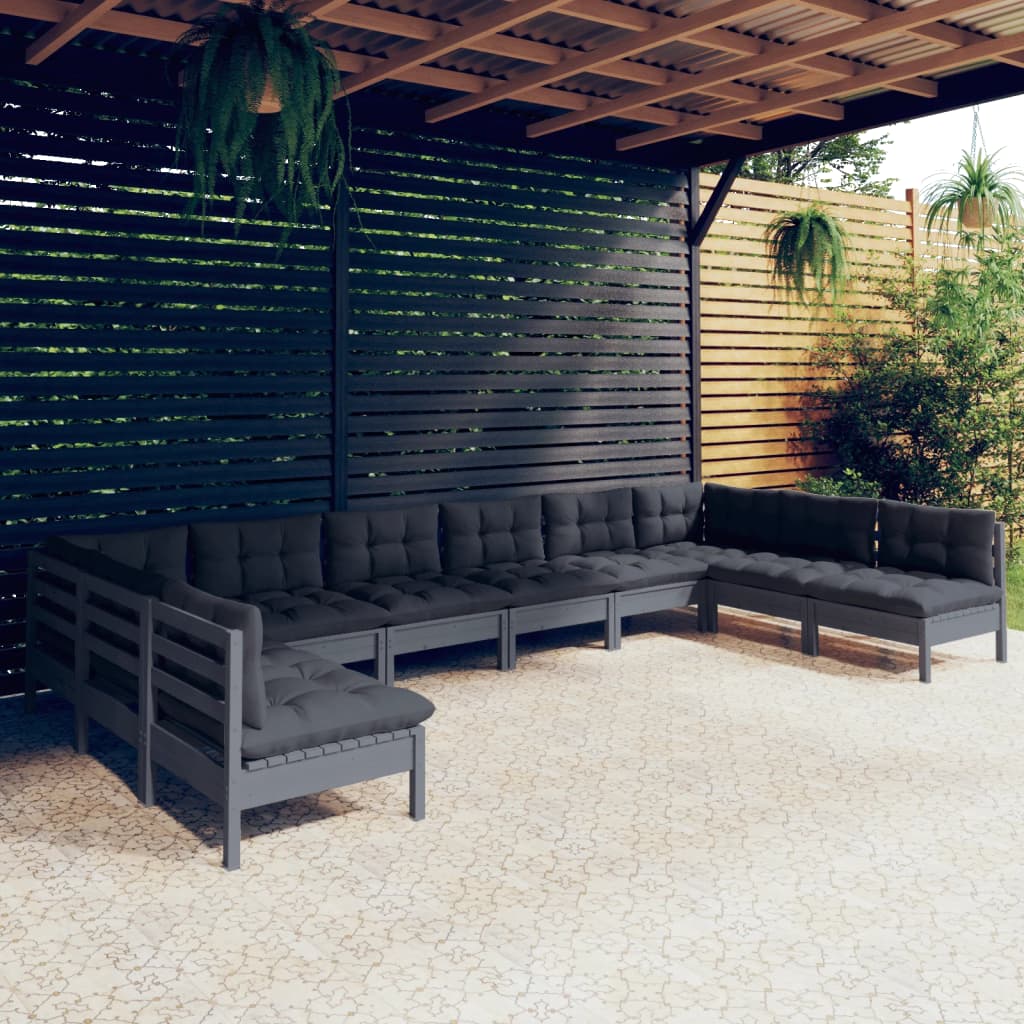 Salon de jardin 10 pièces avec coussins, en pin massif gris