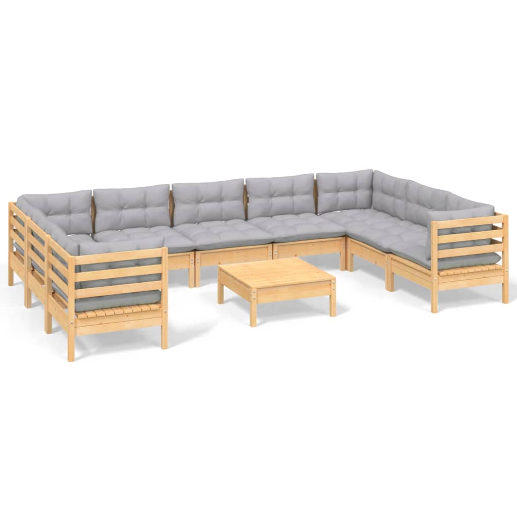 Salon de jardin 10 pièces avec coussins gris en pin