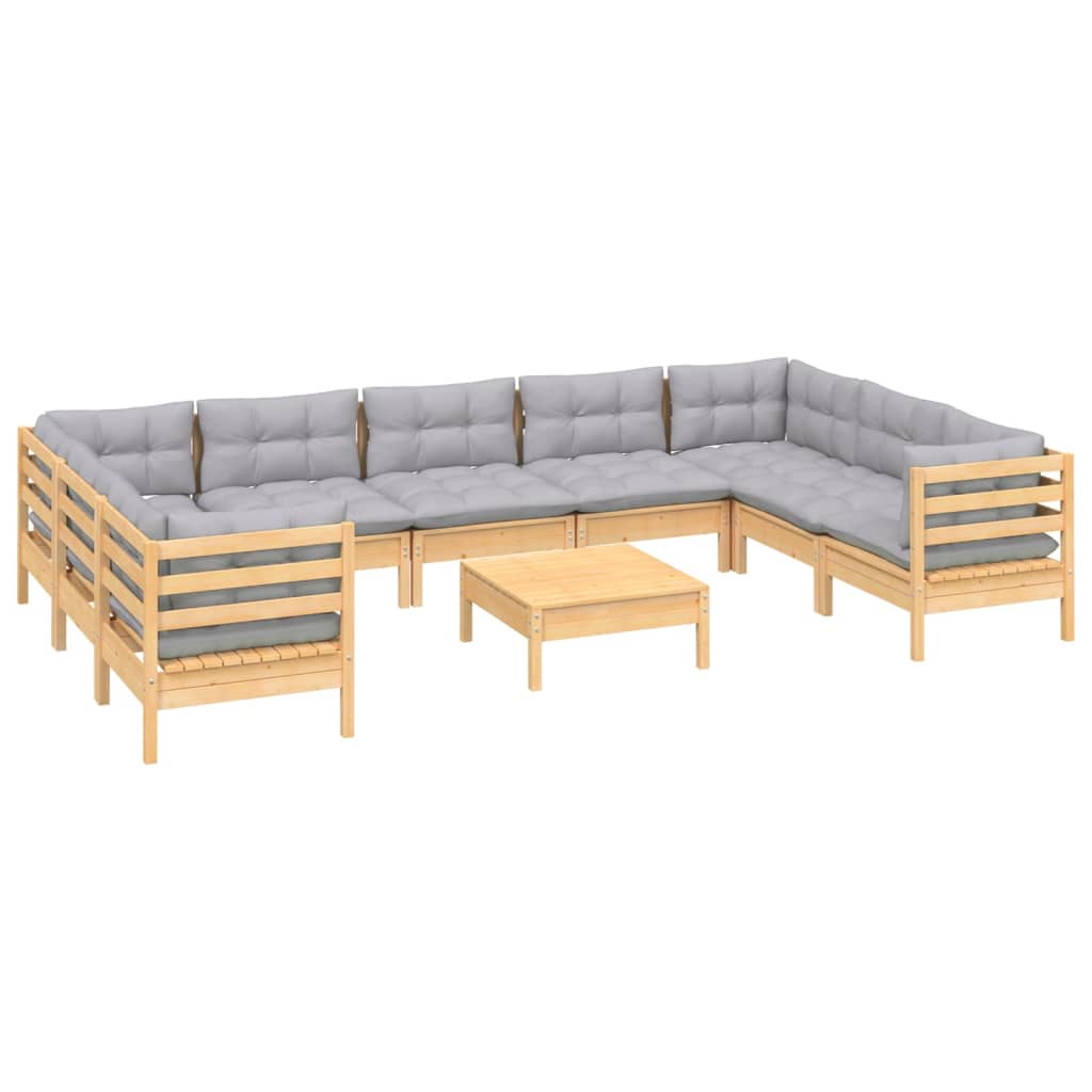 Salon de jardin 10 pièces avec coussins gris en pin