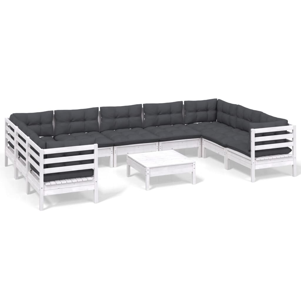 Salon de jardin 10 pièces avec coussins, en pin blanc