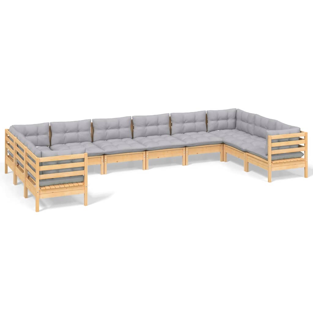 Salon de jardin 10 pièces avec coussins gris en pin