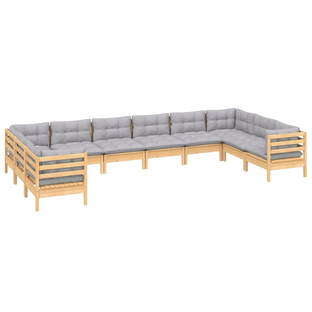 Salon de jardin 10 pièces avec coussins gris en pin