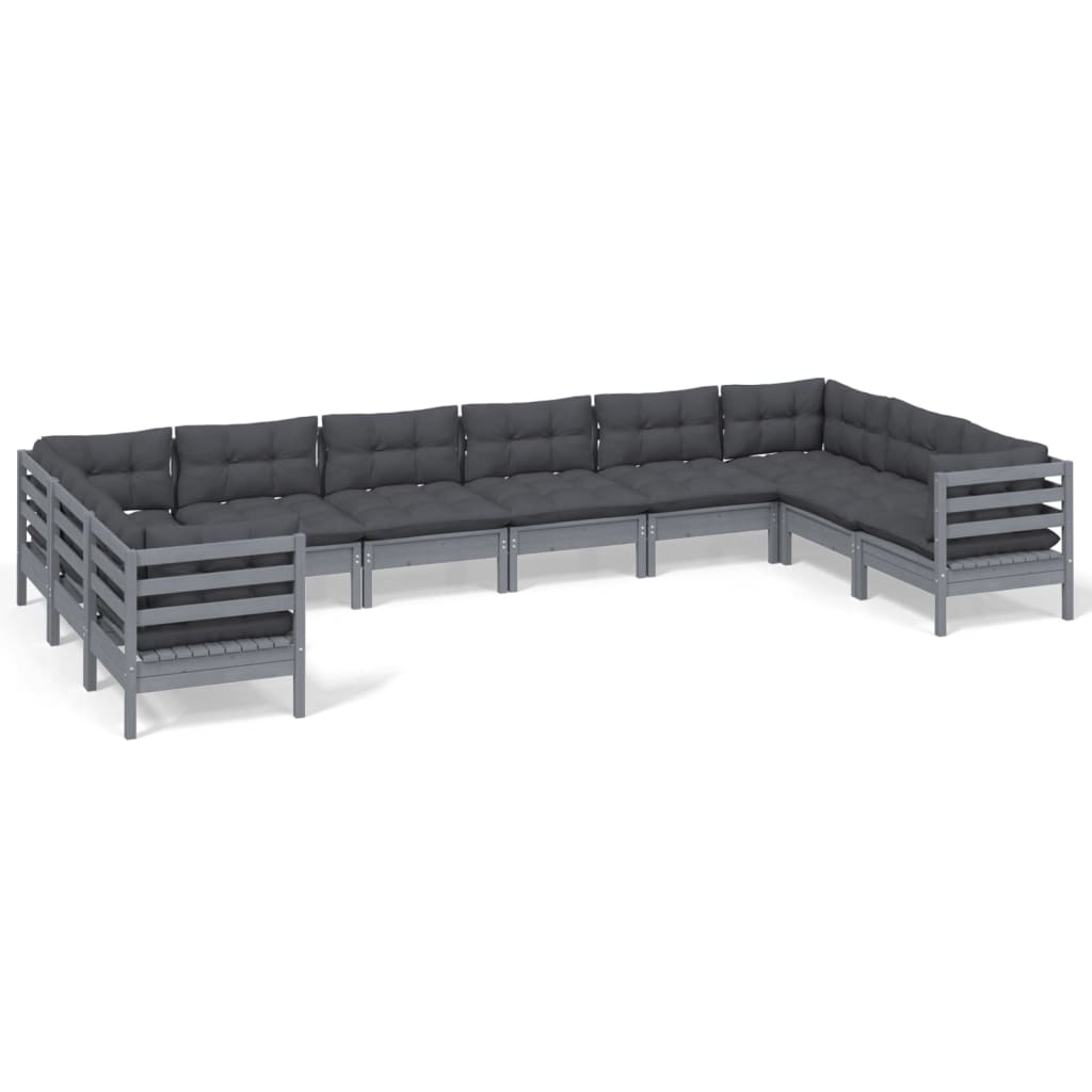 Salon de jardin 10 pièces avec coussins, pin gris