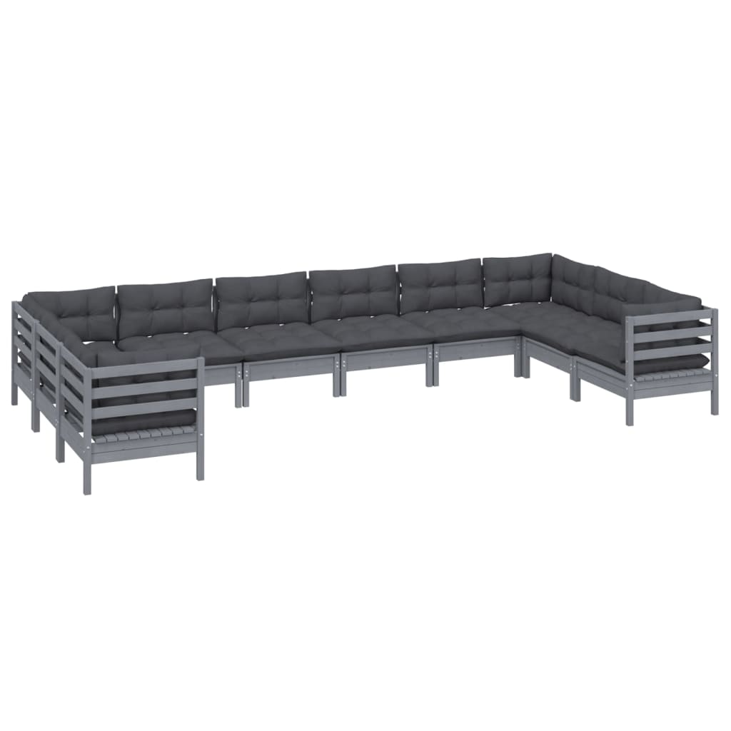 Salon de jardin 10 pièces avec coussins, pin gris