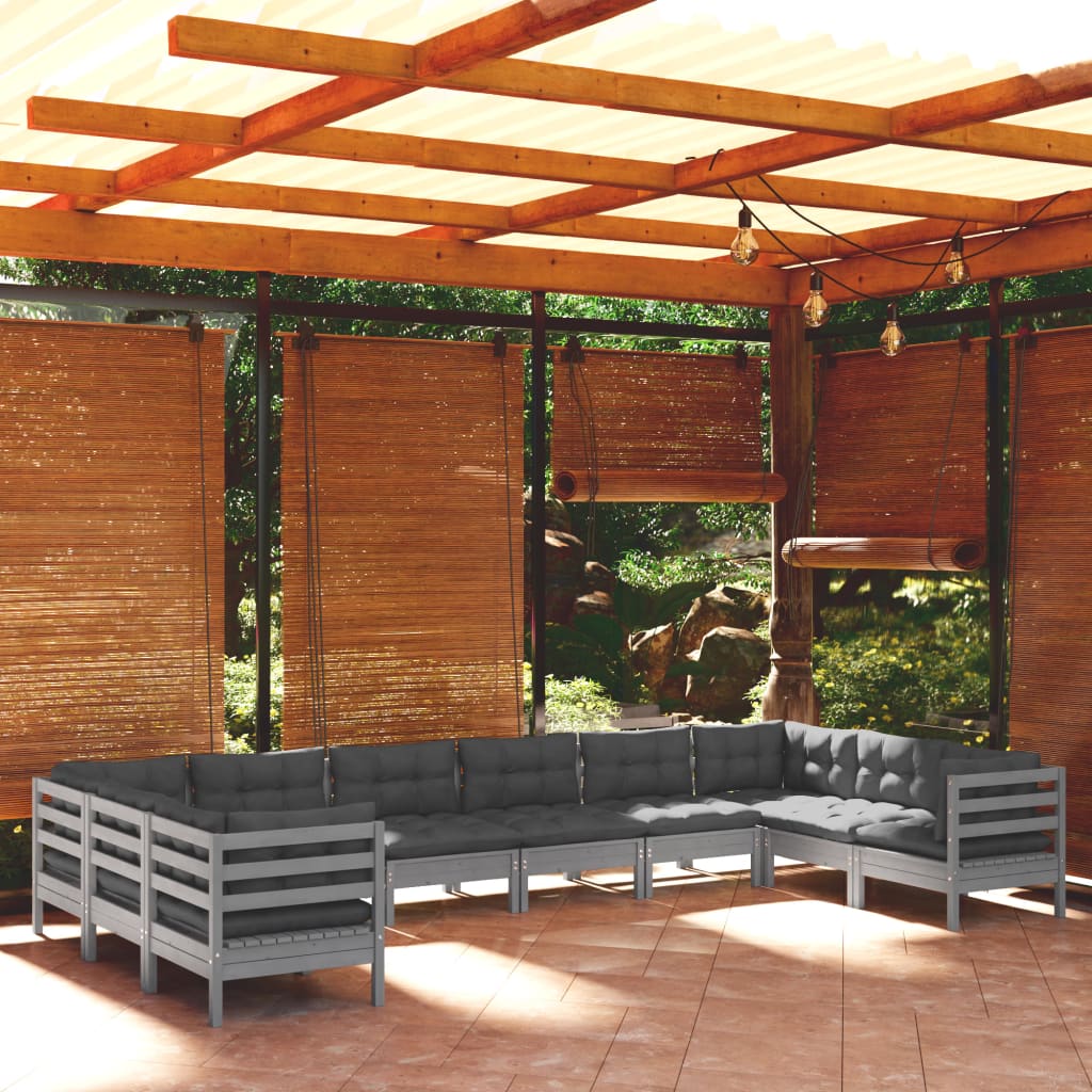 Salon de jardin 10 pièces avec coussins, pin gris