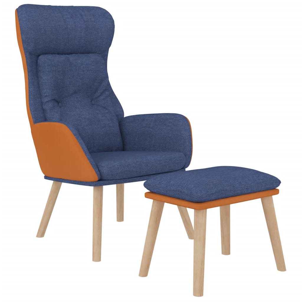 Fauteuil relax avec tabouret en similicuir bleu et tissu