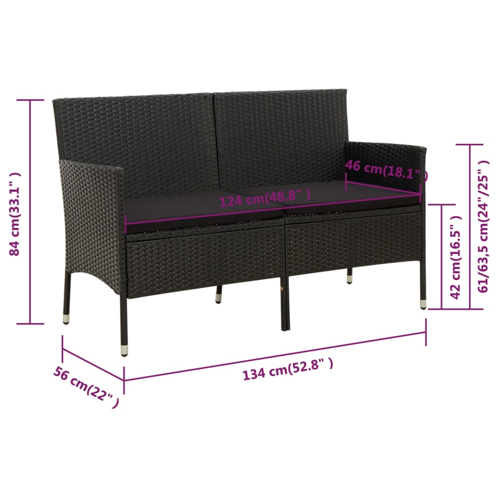 Gartensofa 3-Sitzer mit Kissen Schwarz Poly Rattan